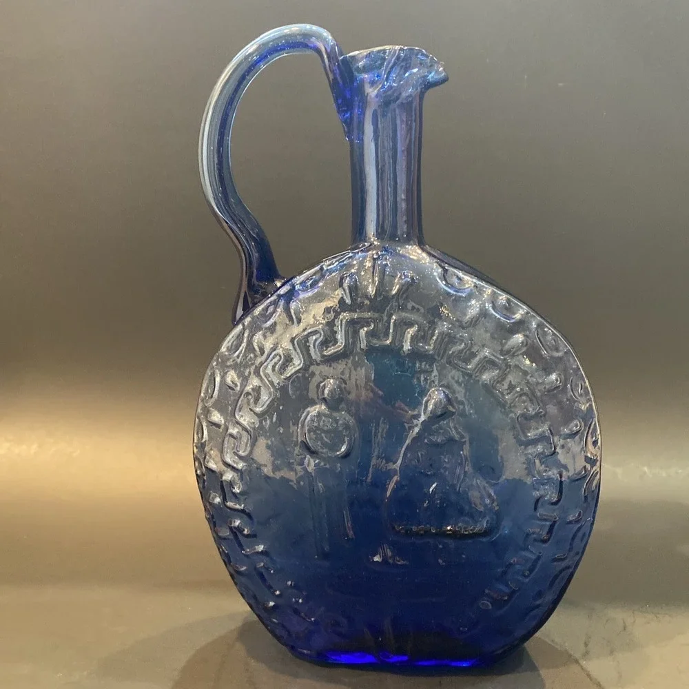 Vintage Hand Blown Cobalt Blue Raised Design Pitcher Vase Handled Jug 9.5